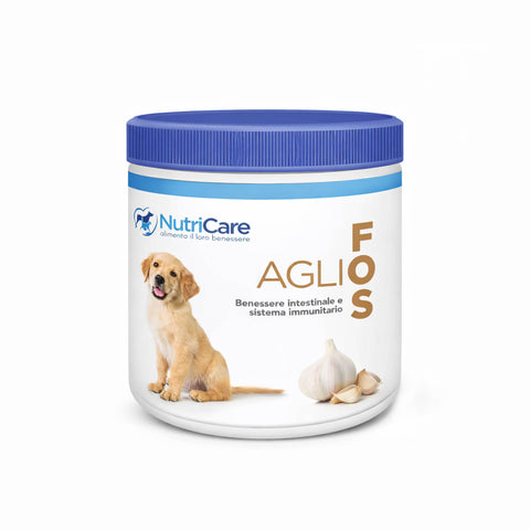 Aglio granulare in contenitore per il benessere di cani, supporto immunitario e intestinale.