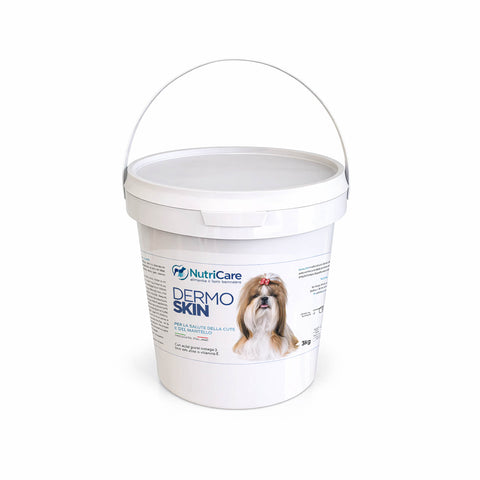 Fusto di Dermoskin per cani, alimento complementare per pelle e pelo di alta qualità.