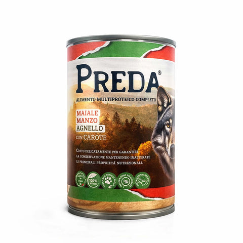 Conserva di Preda multiproteico, alimento umido completo per cani, con carne di manzo, agnello e carote.