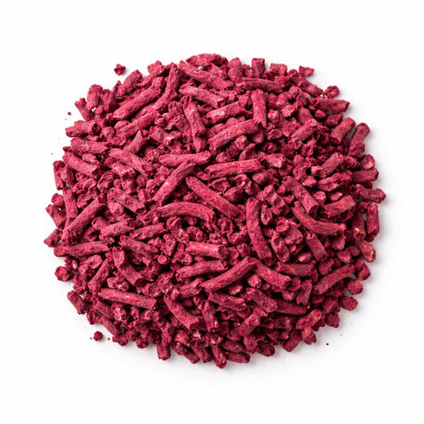 Rapa rossa disidratata in forma di pezzi, alimento nutriente per animali domestici.