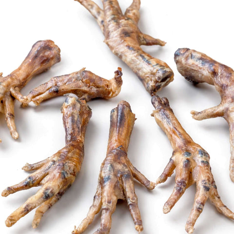Zampe di pollo essiccate per cani, snack naturale e sano, ideale per l'igiene orale.