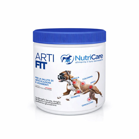 Barattolo di Arti-fit, alimento per la salute delle articolazioni del cane, con formula antinfiammatoria.