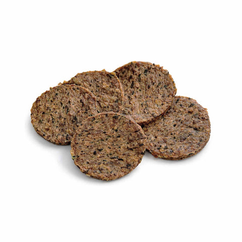 Burger di pollo e spinaci di BARF Italia, snack naturale essiccato, composto da pollo e spinaci.