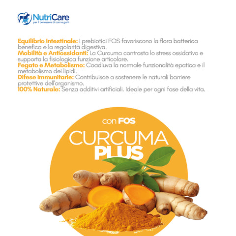 Curcuma+ di NutriCare, integratore naturale per cani e gatti con FOS per benessere e salute.