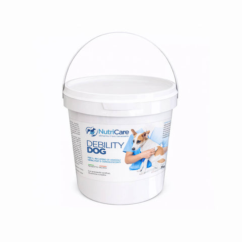 Immagine del contenitore di integratore alimentare Debility dog per cani debilitati.