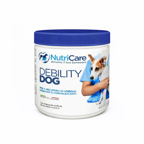 Integratore alimentare Debility dog per il recupero di animali debilitati e convalescenti in confezione NutriCare.