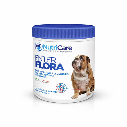 Barattolo di Enter flora, integratore professionale per supporto digestivo cane con fermenti lattici e prebiotici.