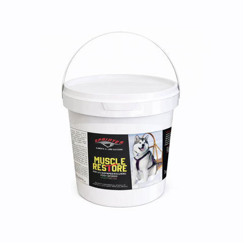 Immagine di un barattolo di Dog muscle restore per il recupero muscolare del cane dopo sforzi intensi.