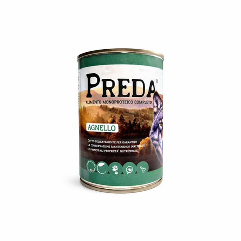 Preda umido monoproteico in confezione, alimento per cani a base di carne di agnello, nutrizione completa per animali.