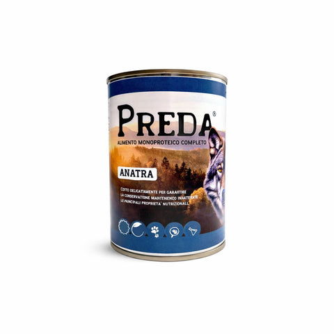 Preda umido monoproteico Anatra in confezione da 400g per cani, nutrizione cotta con 99,5% di carne selezionata.
