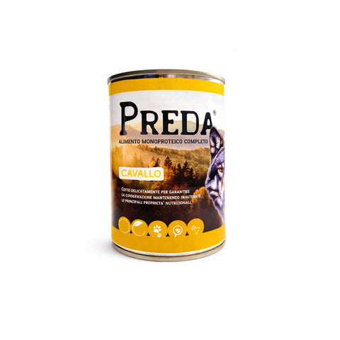 Preda umido monoproteico in lattina con carne di cavallo, alimento completo per cani con alta qualità nutrizionale.