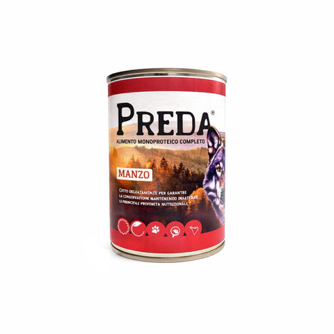 Preda umido monoproteico in scatola, alimento completo per cani a base di manzo, con 99,5% di carne selezionata.