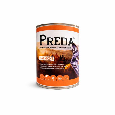 Preda umido monoproteico in scatola al salmone, alimento completo per cani, alta qualità nutrizionale.